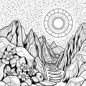 May include: A black and white line drawing of a mountain range with a sun in the sky. The sun is surrounded by a circle with lines radiating out from it. There are flowers and a path leading up the mountain.