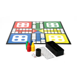 May include: A Ludo board game set with a colorful game board, dice, and game pieces. The board features red, green, blue, and yellow squares. The set includes a black container and a dice shaker.