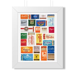 May include: A framed print featuring a collage of various vintage-style matchbook covers from Houston restaurants and businesses. The rectangular artwork displays colorful, branded matchboxes with diverse typography, logos, and graphic illustrations.
