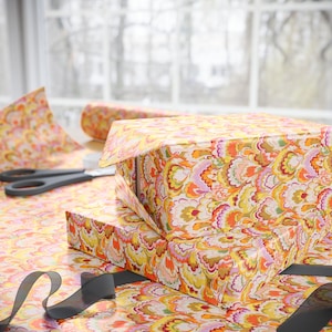 Retro Floral Ikat Pattern Wrapping Paper | Orange Pink Yellow Gift Wrap