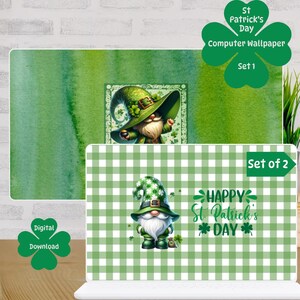 Puede incluir: Juego de fondos de pantalla digitales para ordenador para el Día de San Patricio. El conjunto incluye dos diseños: uno con un fondo verde acuarela y un duende, y otro con un patrón de cuadros verdes y blancos y un gnomo. El texto dice "Happy St. Patrick's Day."