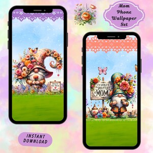 Mom iPhone + Android Wallpapers Set | Set of 2 | Phone Wallpaper | Mother&#39;s Day Gift | Gnome Lover | Phone Background | Instant Download