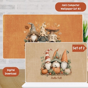 May include: Two computer wallpapers featuring autumnal gnomes and pumpkins. The top wallpaper has three gnomes with various hats and a textured orange background. The bottom wallpaper has three gnomes with pumpkins and the text "Hello Fall". The set is a digital download.