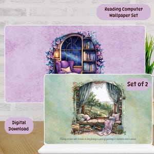 May include: A digital wallpaper set for computers. The top image shows a purple room with a window, a bookshelf, and a chair. The bottom image shows a window with a view of a garden. The text "Set of 2" is visible.