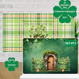 Puede incluir: Un conjunto de fondos de pantalla digitales para ordenador del Día de San Patricio. Un diseño presenta un patrón de cuadros verdes y naranjas con una cita y tréboles. El segundo diseño muestra una puerta de madera cubierta de enredaderas. Incluye el texto "St. Patrick's Day Blessings."