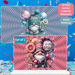 May include: Set of two digital computer wallpapers featuring gnomes with pink and blue hats holding balloons that say "Happy Birthday". The gnomes are surrounded by flowers and are set against a swirling background of pink and blue.