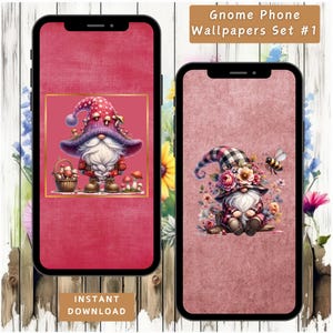 May include: Two smartphone screens displaying gnome-themed wallpapers. One features a gnome with a red and white mushroom hat, a basket of mushrooms, and a gold border. The other shows a gnome with a floral hat and a bee. The text "Gnome Phone Wallpapers Set #1" is visible.