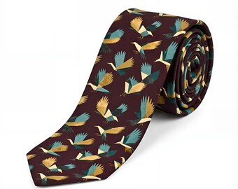 Bird Print Tie, Vintage Inspired Mens Necktie, Bird Watcher Gift
