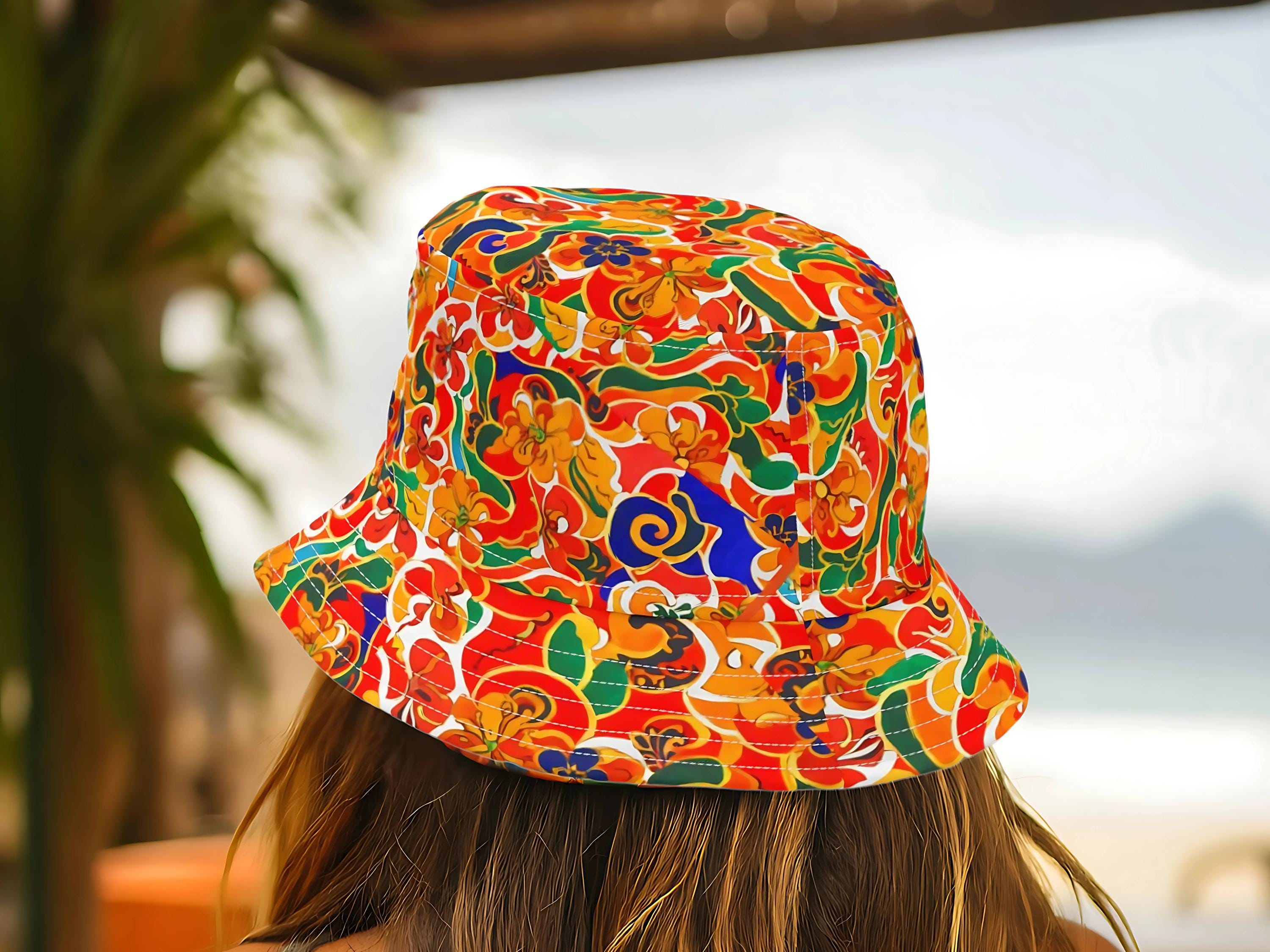Boho Floral Bucket Hat: Retro 70s Swirl Print, Made in USA 