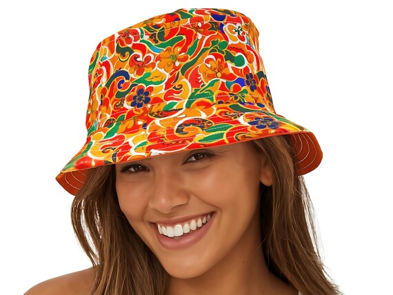 Boho Floral Bucket Hat: Retro 70s Swirl Print, Made in USA  display picture 1