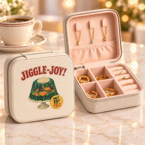 May include: A square, cream-colored jewelry box with a zipper closure. The lid features a graphic of a green gelatin mold with the text JIGGLE-JOY! and ONLY 15¢ READY IN A JIFFY! The interior is lined with soft pink fabric, including necklace hooks and ring slots.