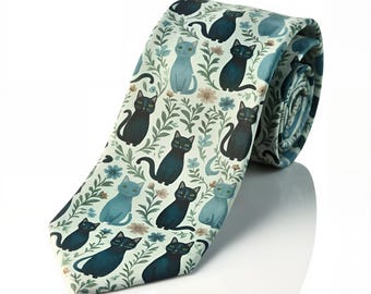 Botanical Cat Necktie, Kitty Pattern Tie, Pet Lover Gift
