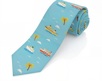 Cruise Ship Necktie for Men, Vacation Inspired Boat Print Novelty Tie, Travel Lover Gift