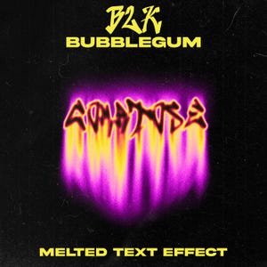Könnte beinhalten: Ein Grafikdesign mit dem Text "B2K BUBBLEGUM" in Gelb auf schwarzem Hintergrund. Das Wort "GOATED" ist in einer stilisierten, geschmolzenen Schriftart mit einem lila und gelben Farbverlauf.