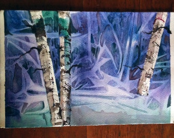 Birch Forest Blues - original abstract watercolour landscape painting