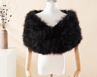 Black Ostrich Feather Shawl, Fluffy Evening Bolero Capelet, Formal Wedding Shoulder Cover