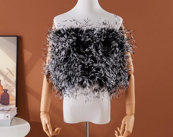 White Feather Top, Ostrich Feather Top, White Crop Top, Fur Tube