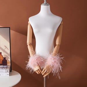 Pink Ostrich Feather Cuff Bracelet Set: Fluffy Pastel Party Wristbands