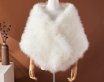 Genuine Ostrich Feather Shawl – Wide Back Design, Elegant White Wrap for Wedding & Evening Looks