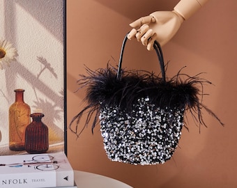 Black Sequin Feather Clutch: Luxury Evening Handbag