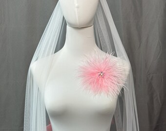 Pink Feather Brooch | Fluffy Feather Pin with Crystal Center | Bridal Party Accessory
