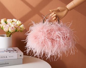 Pink Ostrich Feather Handbag – Fluffy Long Feather Clutch Purse for Party