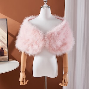 Blush Pink Faux Feather Shawl – Fluffy Bridal Capelet Wrap for Weddings, Prom, or Photoshoot