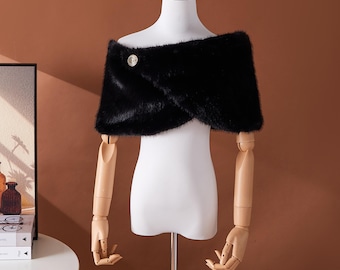 Vintage Inspired Black Faux Fur Stole: Elegant Winter Wedding Wrap