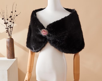 Elegant Black Faux Fur Shawl: Winter Wedding Wrap with Brooch