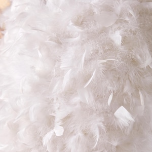 May include: Close-up of a white garment adorned with numerous fluffy feathers. The feathers are layered, creating a soft, textured appearance. The overall effect is light and airy, suggesting a formal or decorative piece.
