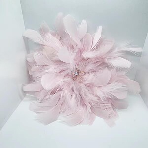 K&ouml;nnte beinhalten: Ein kreisf&ouml;rmiges dekoratives Accessoire aus geschichteten blassrosa Federn, die von einem zentralen Punkt nach au&szlig;en strahlen. In der Mitte befindet sich eine kleine blumenf&ouml;rmige Verzierung mit hellrosa Bl&uuml;tenbl&auml;ttern und einem klaren Kristall.