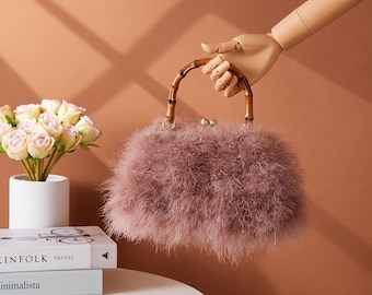 Blush Pink Ostrich Feather Handbag: Bamboo Handle Evening Clutch