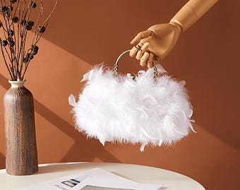 White Ostrich Feather Clutch: Vintage Bridal Purse, Handmade Statement Bag