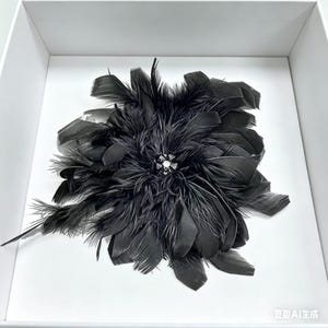 K&ouml;nnte beinhalten: Eine schwarze Federbrosche mit einer geschichteten, kreisf&ouml;rmigen Anordnung weicher, dunkler Federn, die von einem zentralen Cluster aus klaren, facettierten Kristallen ausgehen und eine dichte, texturierte und volumin&ouml;se, bl&uuml;tenartige Form bilden.