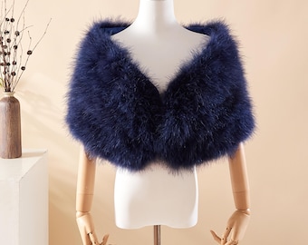 Navy Blue Ostrich Feather Shawl: Hand-Sewn Dress Shawl