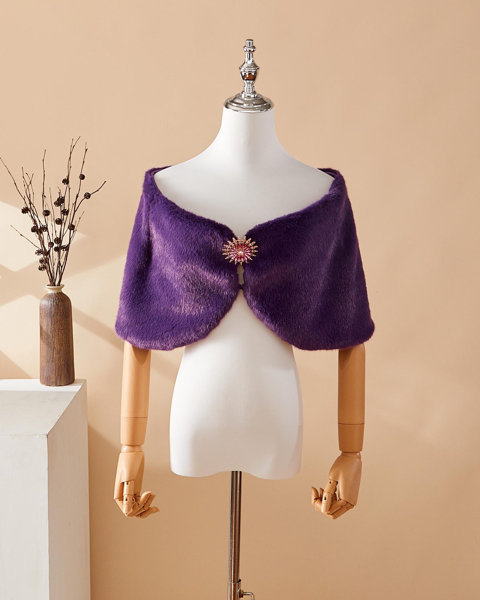 Purple fashion accessories - Plum Purple Faux Fur Shawl: Vintage Style Brooch, Winter Wedding Capelet