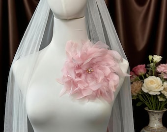 Pink Feather Brooch | Large Flower Feather Pin with Rhinestone Center | Wedding Accessory