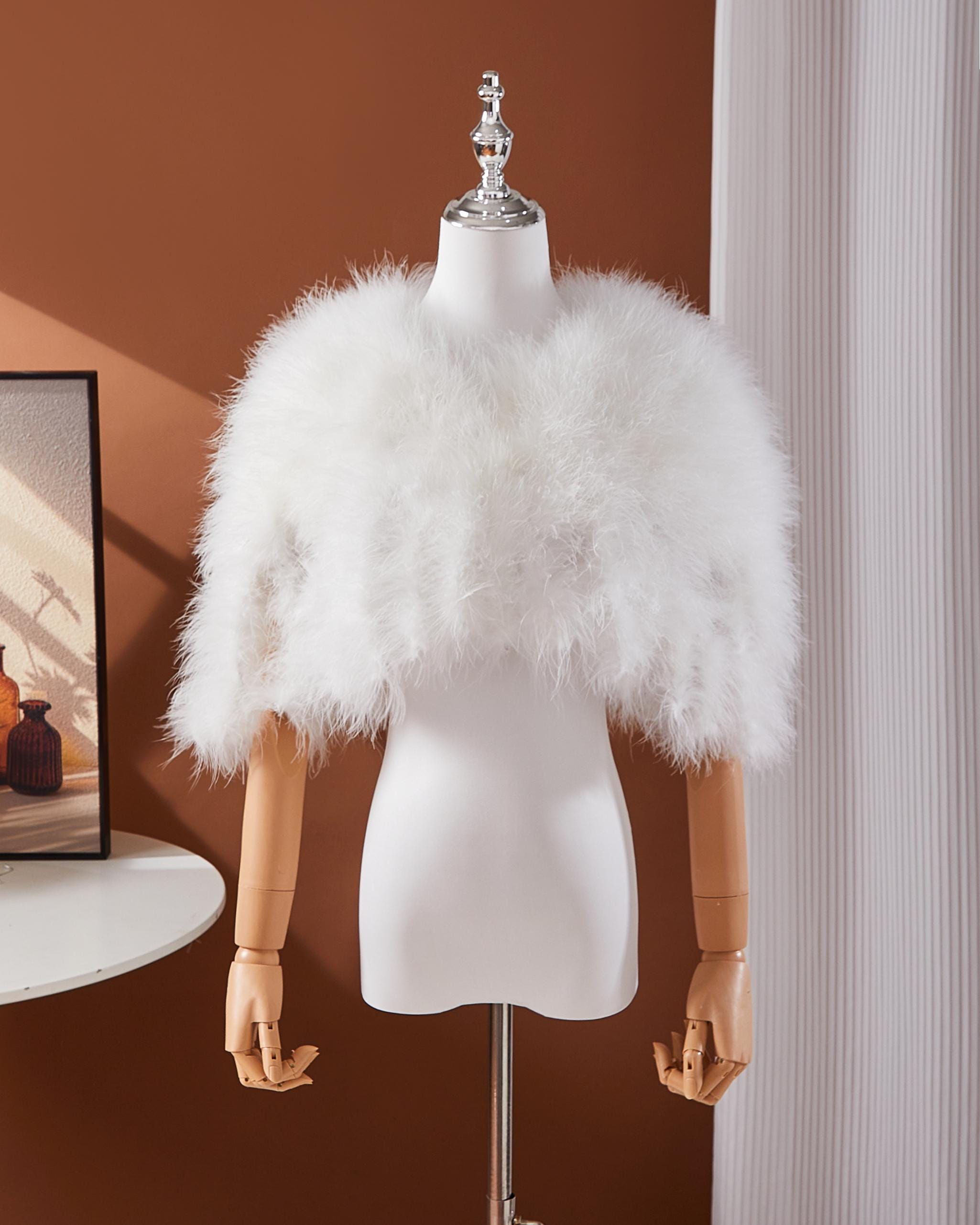 White Ostrich Feather Shawl: Bridal Capelet, Fluffy Fringe Wrap