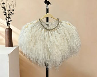 Capa de plumas con escote en V y cristales: chal de plumas para novias, ideal para sesiones de fotos o ceremonias.