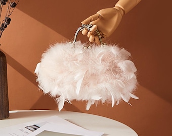 Light Pink Ostrich Feather Clutch: Vintage Handle Party Bag