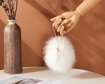 Fluffy Ostrich Feather Mini Bag: White Pom Pom Purse with Gold Chain