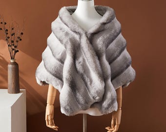 Gray Faux Fur Shawl: Oversized Plush Wrap for Winter Wedding
