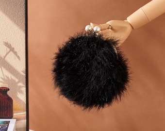 Black Ostrich Feather Ball Clutch | Pearl Clasp Evening Bag