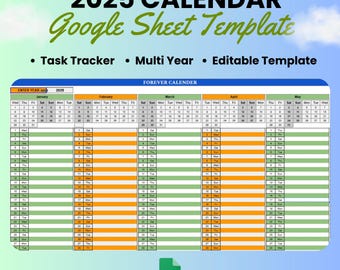 2025 Excel Calendar & Google Sheets Monthly Calendar All Year Planner 2025 Editable Excel and Google Sheets Template, Forever Calendar