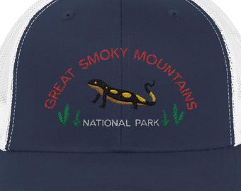 Geborduurde snapback truckerpet Smoky Mountain National Park, hoed salamander Wildlife outdoor avontuur, natuurliefhebber cadeau, campingpet