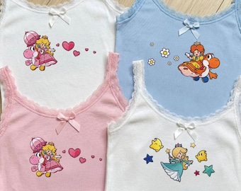 Retro Coquette Embroidered Mario Baby Tee Crop Tank, Embroidery Princess Peach Shirt, Rosanila Princess Daisy, Girl Trip Lace Trim Tank Top