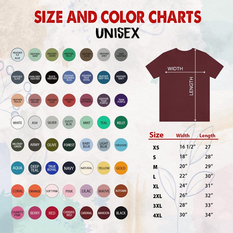 May include: Size and color chart for unisex apparel. Includes a color palette with various shades and a size chart with measurements in inches for XS to 4XL. The shirt graphic shows width and length measurements.