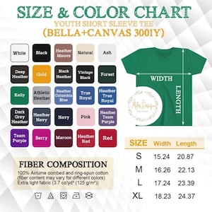 K&ouml;nnte beinhalten: Eine Gr&ouml;&szlig;en- und Farbtabelle f&uuml;r ein kurz&auml;rmeliges T-Shirt f&uuml;r Jugendliche. Die Tabelle zeigt verschiedene Farben wie Wei&szlig;, Schwarz und Marineblau. Sie enth&auml;lt Gr&ouml;&szlig;enangaben in Zoll und Details zur Faserzusammensetzung.