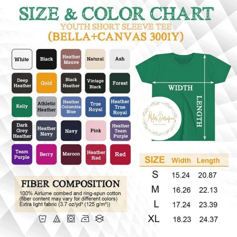 K&ouml;nnte beinhalten: Eine Gr&ouml;&szlig;en- und Farbtabelle f&uuml;r ein kurz&auml;rmeliges T-Shirt f&uuml;r Jugendliche. Die Tabelle zeigt verschiedene Farben wie Wei&szlig;, Schwarz und Marineblau. Sie enth&auml;lt Gr&ouml;&szlig;enangaben in Zoll und Details zur Faserzusammensetzung.