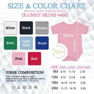 Puede incluir: Tabla de tallas y colores para bodies de beb&eacute; de punto de canal&eacute;. La tabla muestra los colores disponibles: blanco, negro, jaspeado, verde oscuro, azul claro, azul real, rosa y rojo. Tambi&eacute;n incluye una tabla de tallas con medidas en pulgadas para el ancho, la longitud y la longitud de la manga para las tallas 6M, 12M, 18M y 24M. La composici&oacute;n de la tela es 100% algod&oacute;n peinado ringspun.